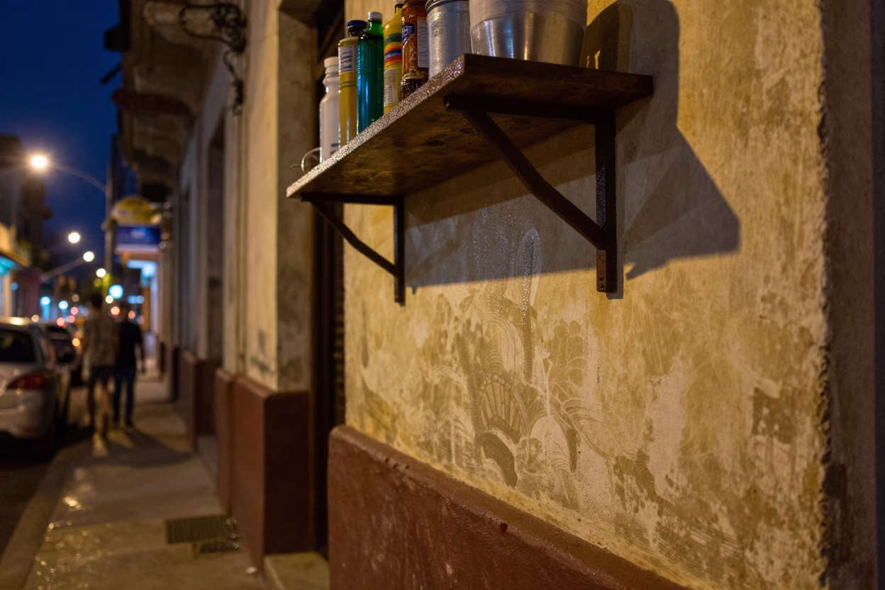 Midnight Havana Street Scene with Condensation on Shelf Bracket and Fingerprinted Countertop in in Havana, Cuba