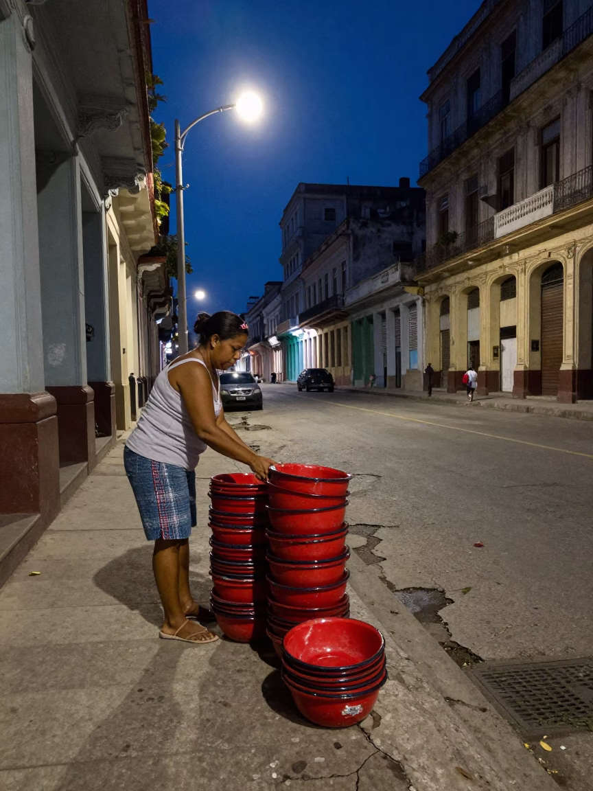 Midnight Havana Street Scene with Enamel Bowls and Urban Architecture in in Havana, Cuba