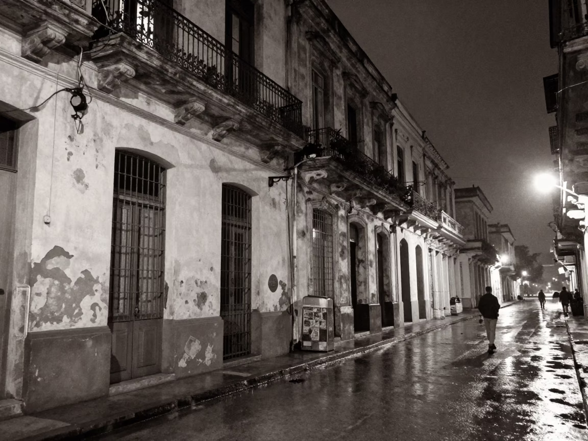 Midnight Havana Street Scene with Faded Paint and Damp Cobblestones in in Havana, Cuba
