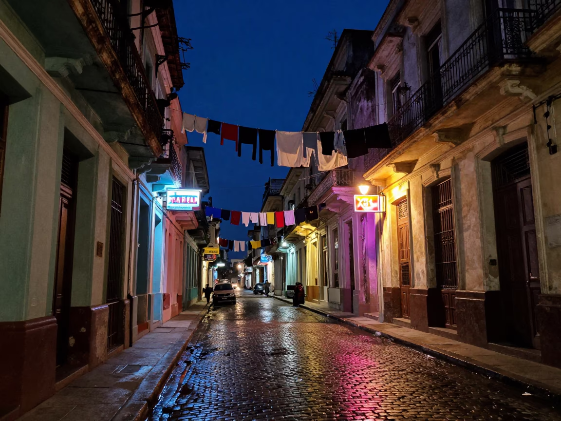 Midnight Havana Street Scene with Hanging Laundry and Neon Lights in in Havana, Cuba