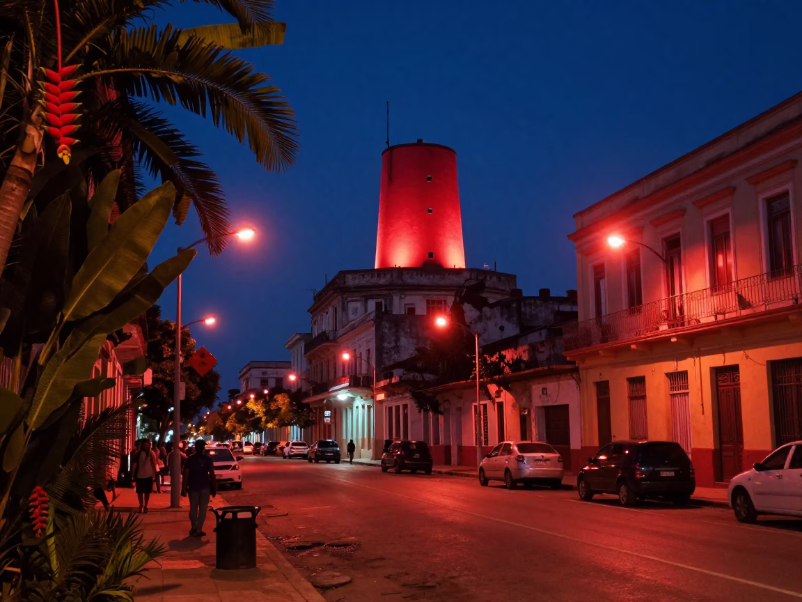 Midnight Havana Street Scene with Heliconia and Red Observatory Bulbs in in Havana, Cuba