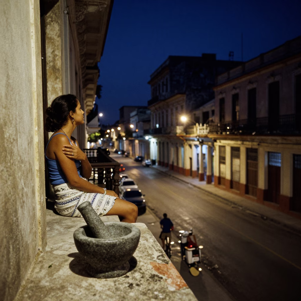 Midnight Havana Street Scene with Mortar and Pestle on Balcony in in Havana, Cuba