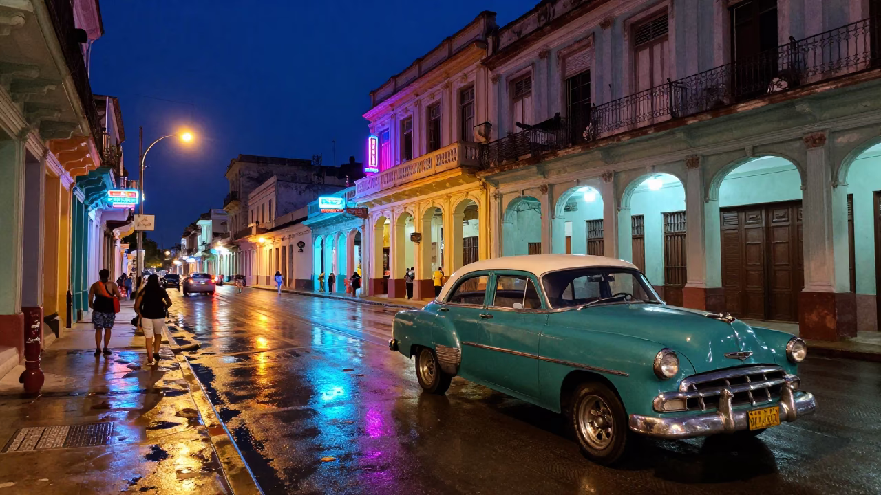 Midnight Havana Street Scene with Neon Lights and Classic Cars in in Havana, Cuba