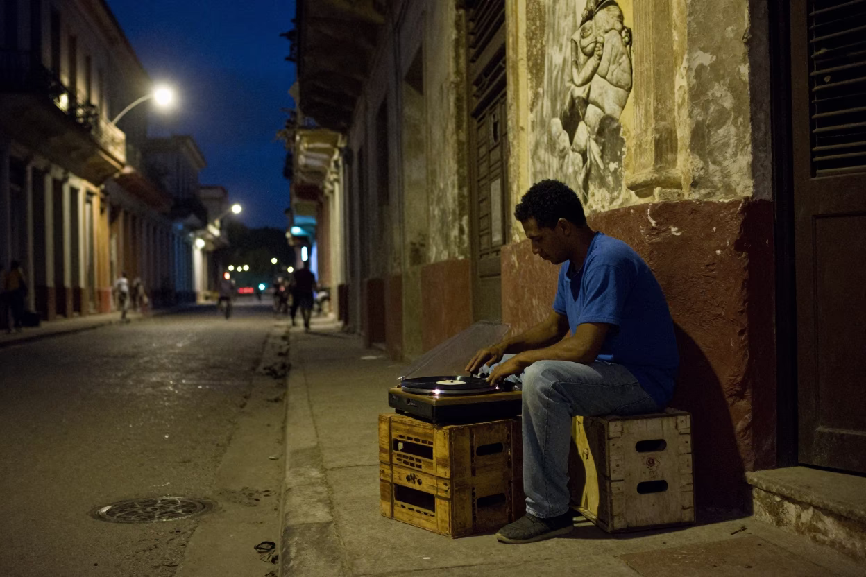 Midnight Havana Street Scene with Record Player and Crate in Cuba in in Havana, Cuba