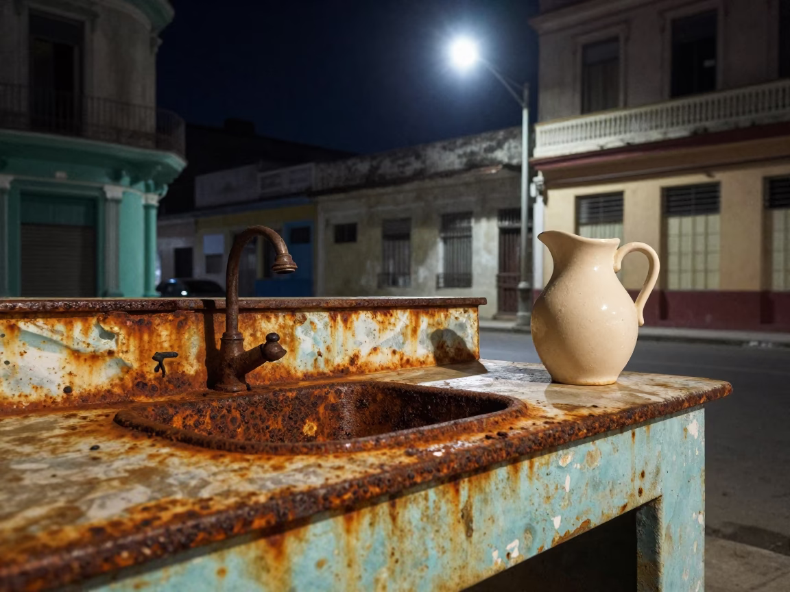 Midnight Havana Street Scene with Rusty Countertop and Ceramic Pitcher in Cuban Urban Setting in in Havana, Cuba