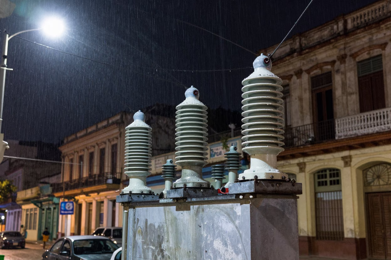 Midnight Havana Street Scene with Substation Insulators and Local Life in in Havana, Cuba
