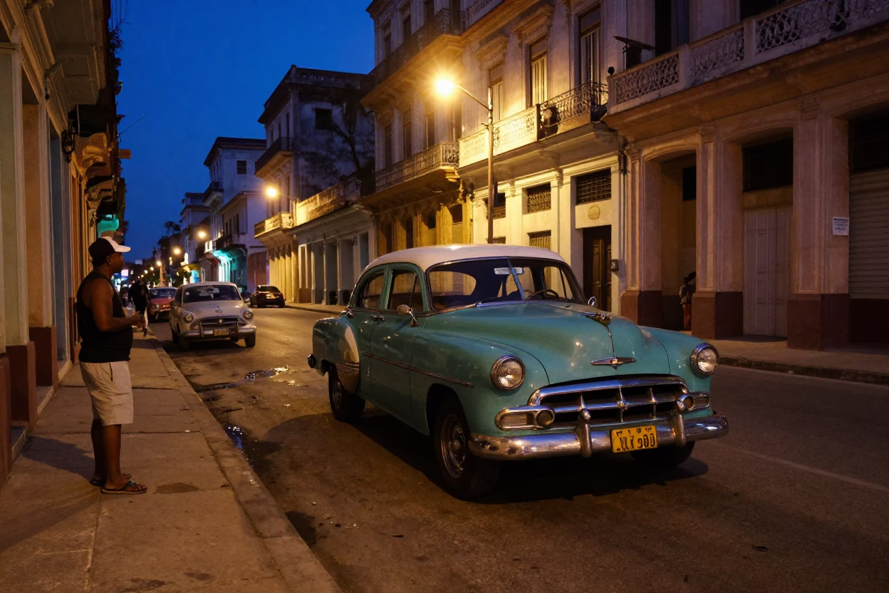 Midnight Havana Street Scene with Vintage 1950s Car and Local Vendor in in Havana, Cuba