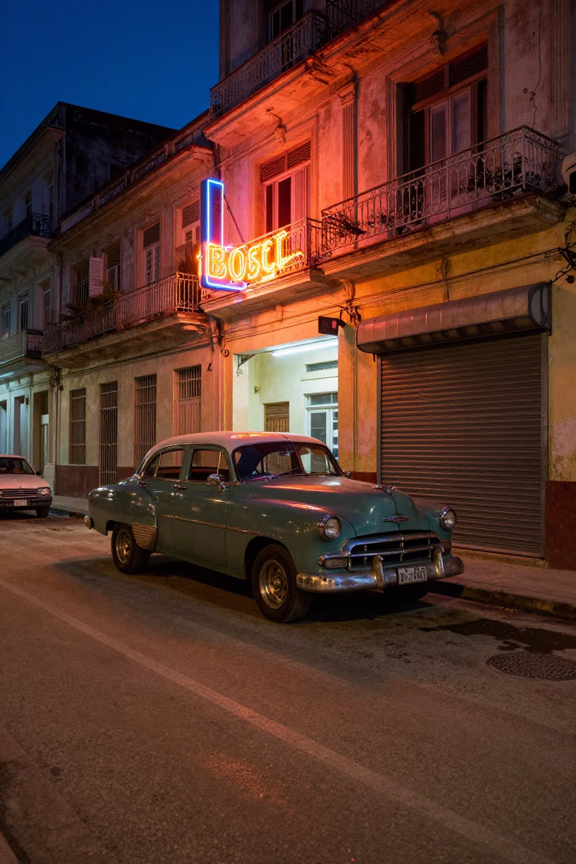 Midnight Havana Street Scene with Vintage Car and Neon Light Reflections in in Havana, Cuba
