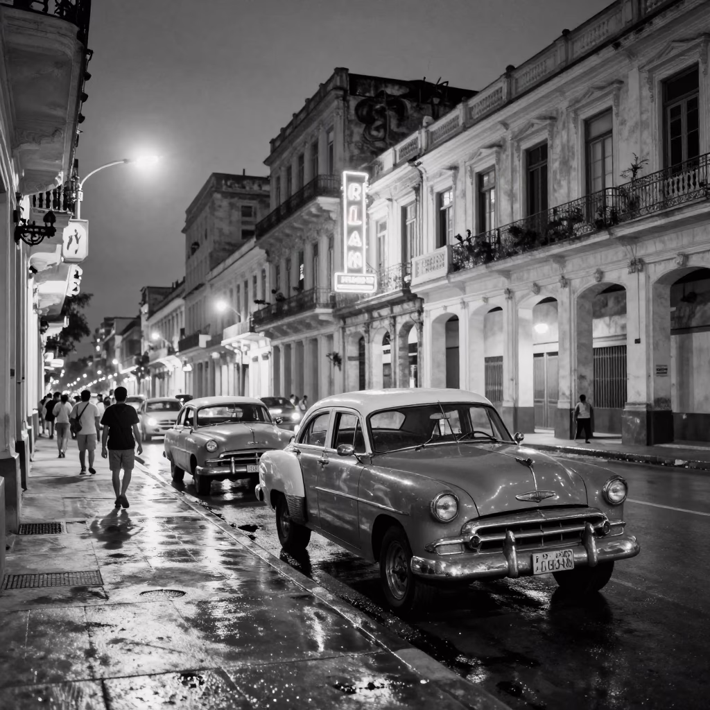 Midnight Havana Street Scene with Vintage Car and Neon Sign Reflections in in Havana, Cuba