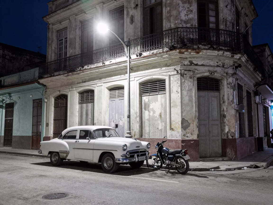Midnight Havana Street Scene with Vintage Motorcycle and Neon Sign Reflections in in Havana, Cuba