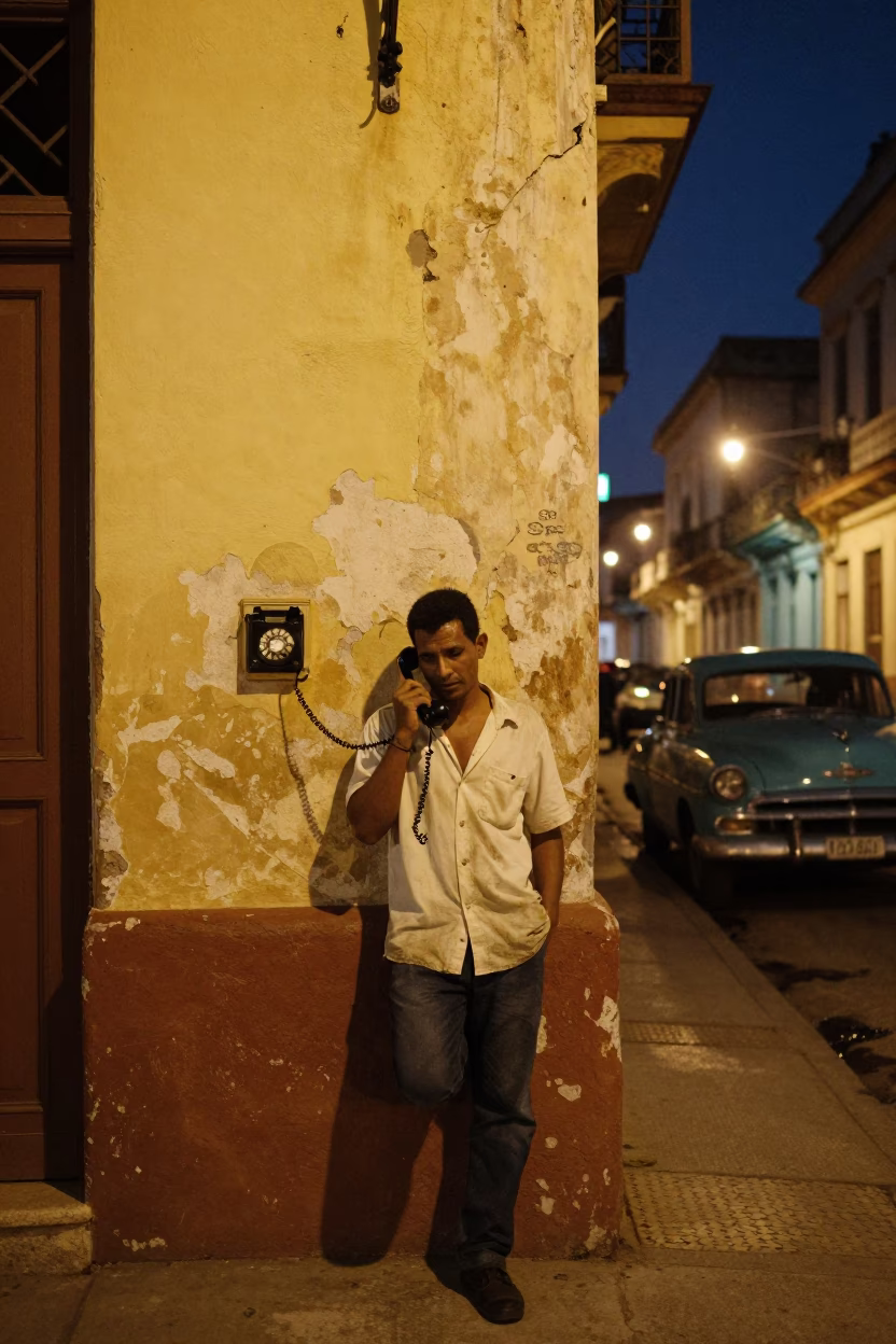 Midnight Havana Street Scene with Vintage Telephone and Condensation in in Havana, Cuba