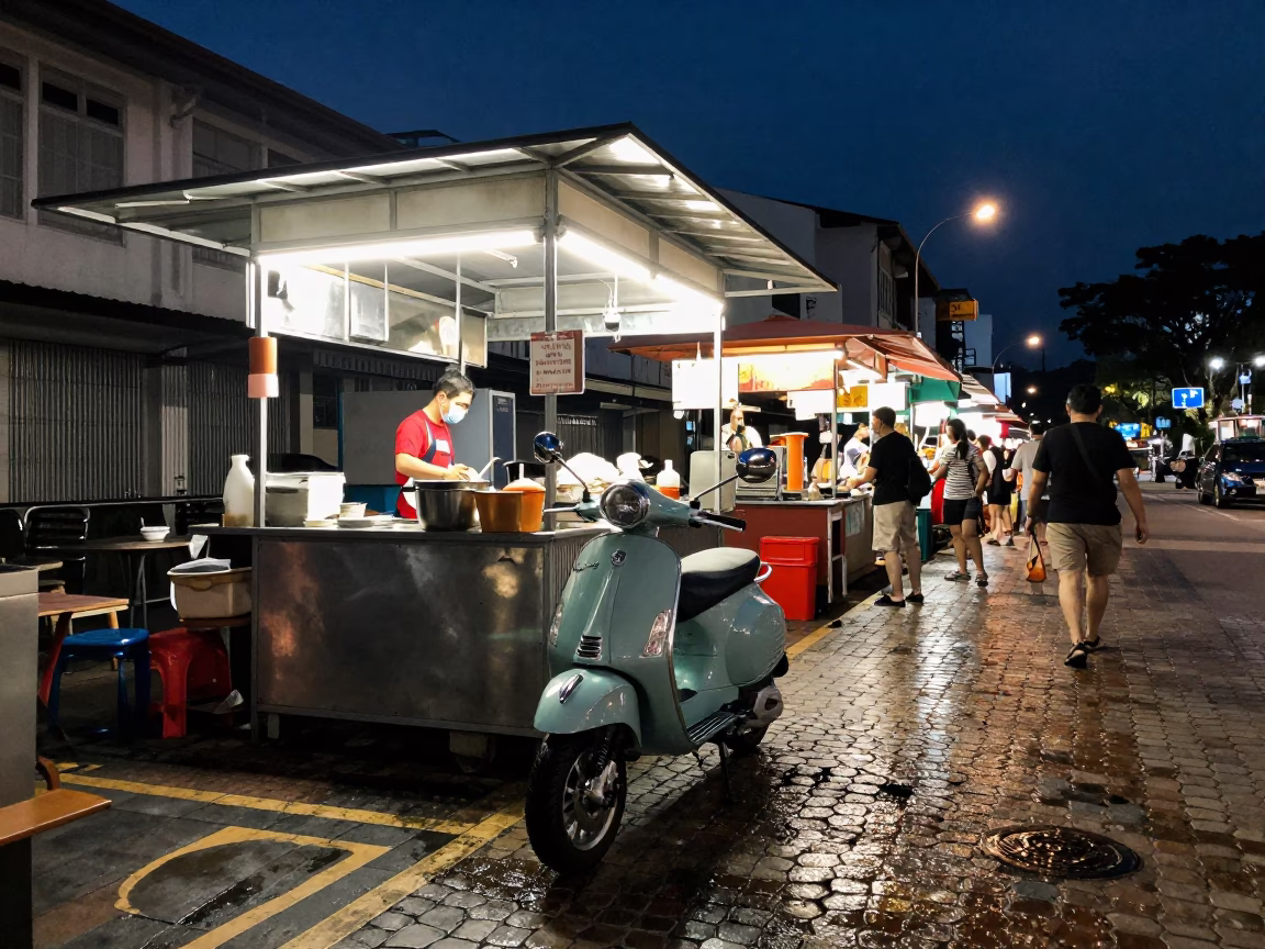 Midnight Hawker Centre Stall in Singapore with Vintage Vespa and Bakelite Telephone in in Singapore, Singapore