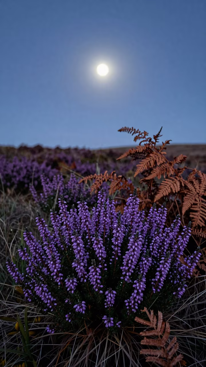 Midnight Heather Blooms in Cold Moonlight in in a bloom-heavy meadow near Montpellier