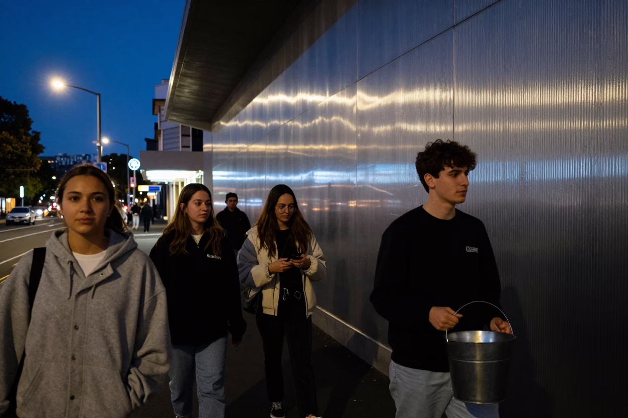Midnight Hobart Street Scene with Brushed Steel Wall and Metal Bucket in in Hobart, Tasmania, Australia