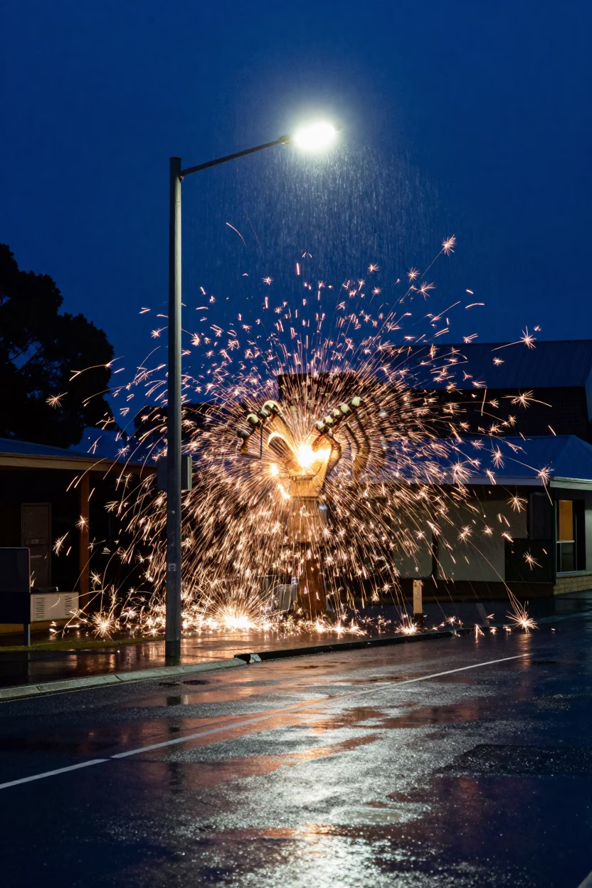 Midnight Hobart Street Scene with Substation Insulators Sparkling Under Rain and Floodlights in in Hobart, Tasmania, Australia