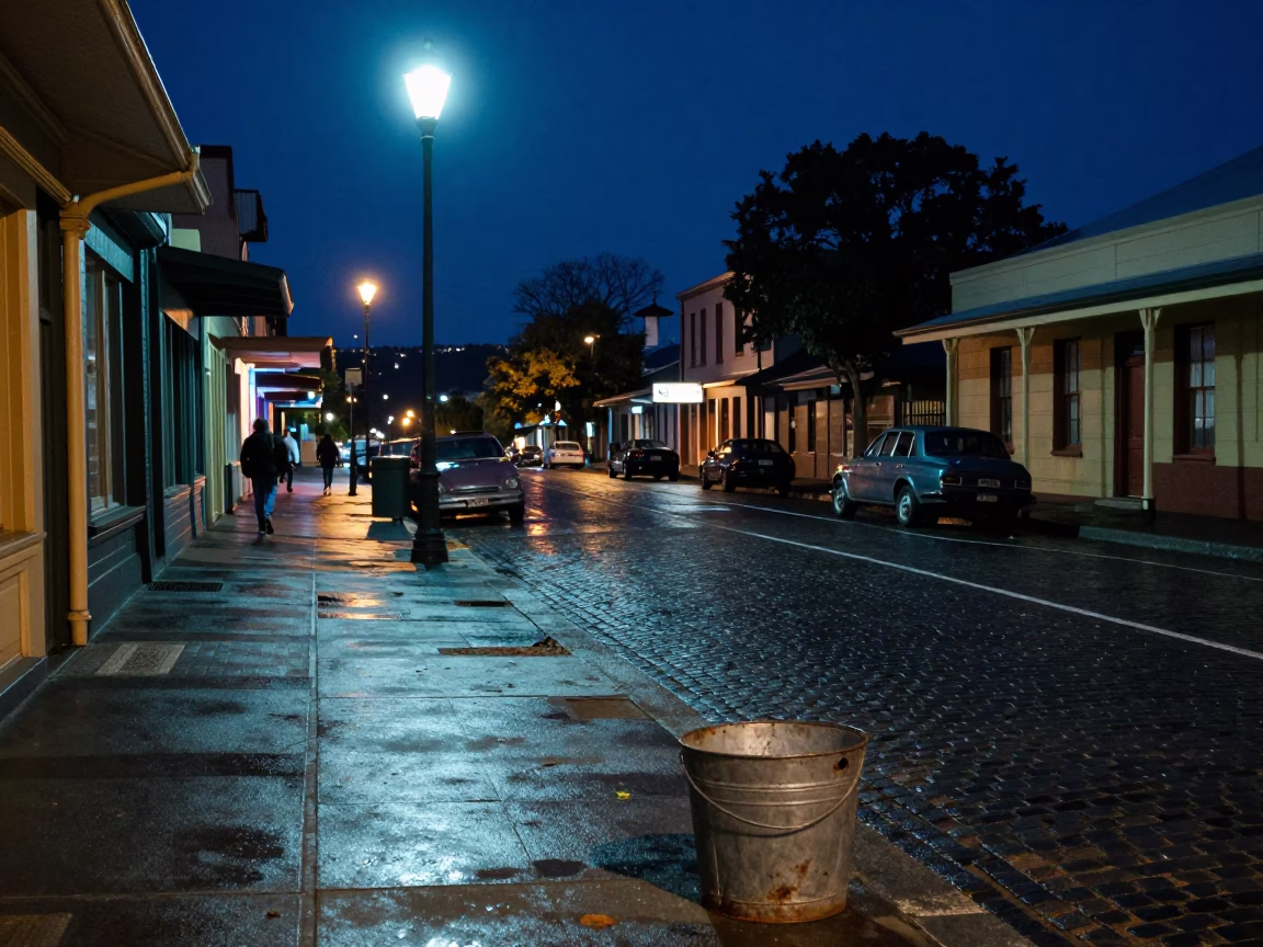 Midnight Hobart Street Scene with Vintage 1950s Aesthetic and Local Details in in Hobart, Tasmania, Australia
