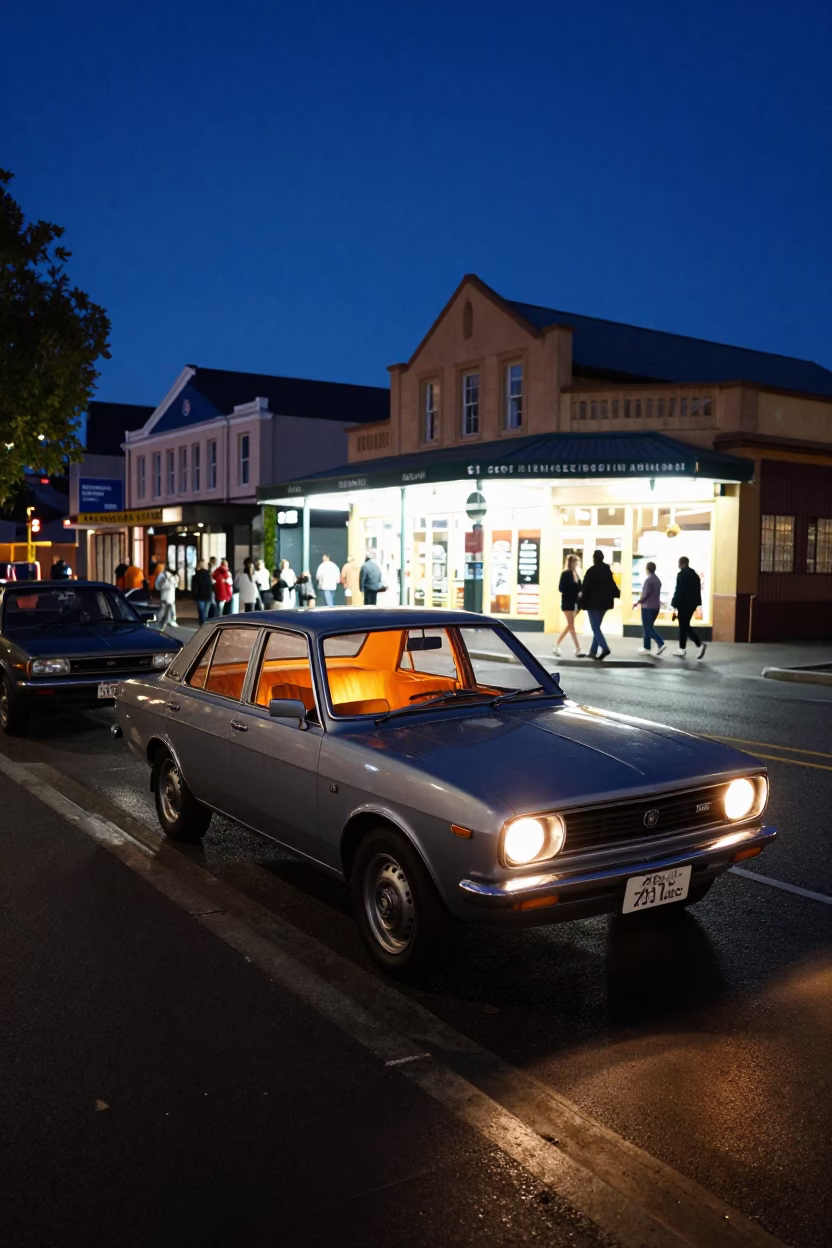 Midnight Hobart Street Scene with Vintage 1970s Car and Warm Shop Window Light in in Hobart, Tasmania, Australia