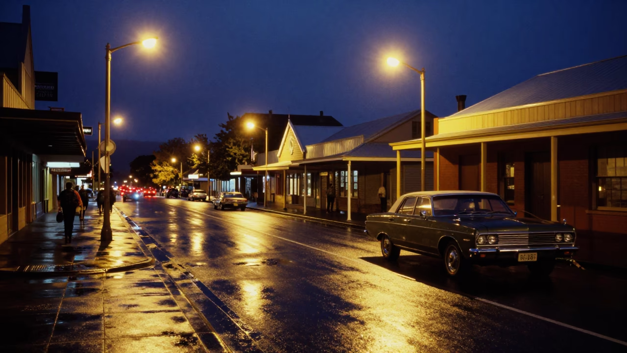 Midnight Hobart Street Scene with Vintage 1970s Car and Water Tower in in Hobart, Tasmania, Australia