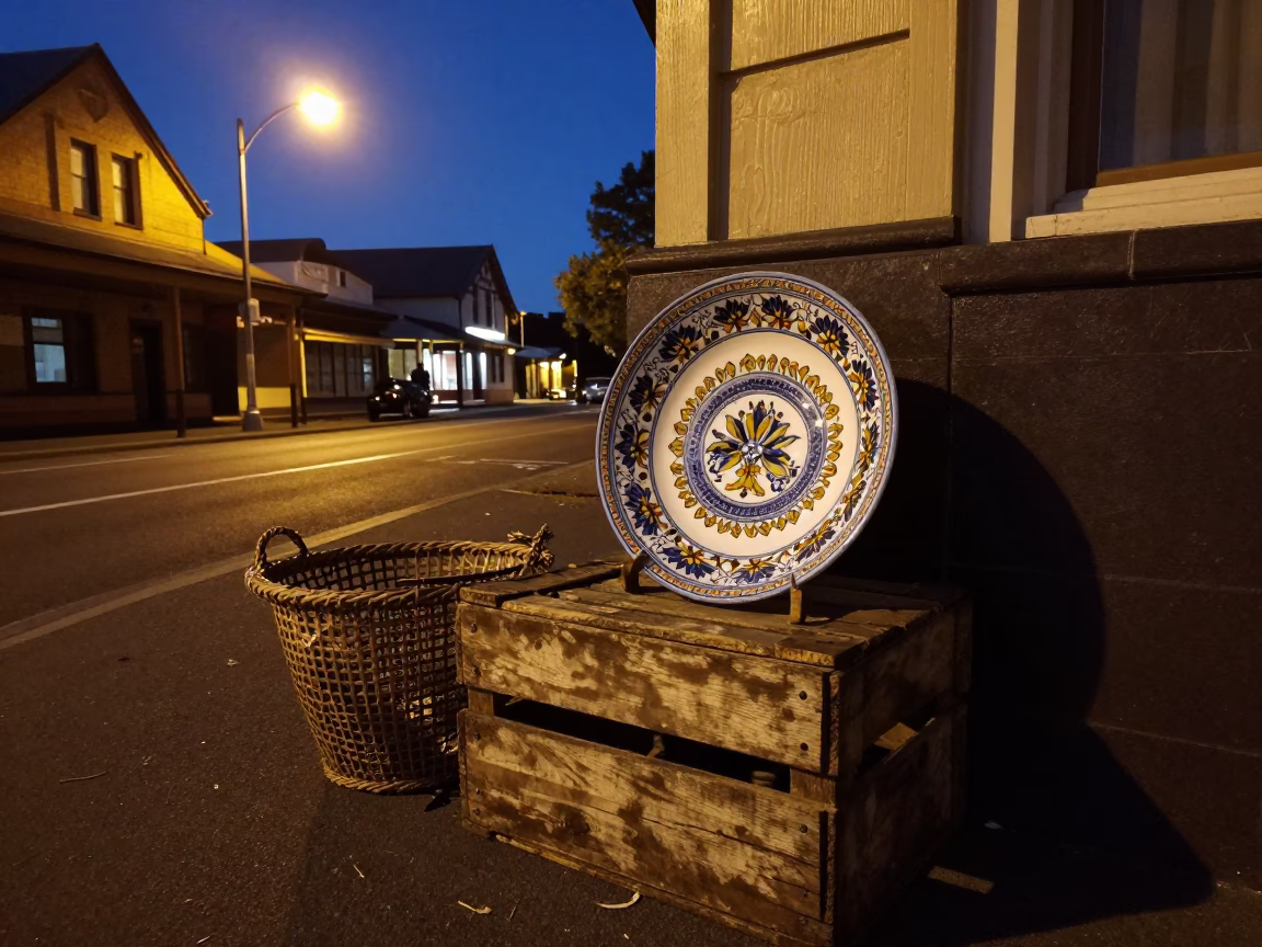 Midnight Hobart Street Scene with Vintage Majolica Plate and Scrap Basket in in Hobart, Tasmania, Australia