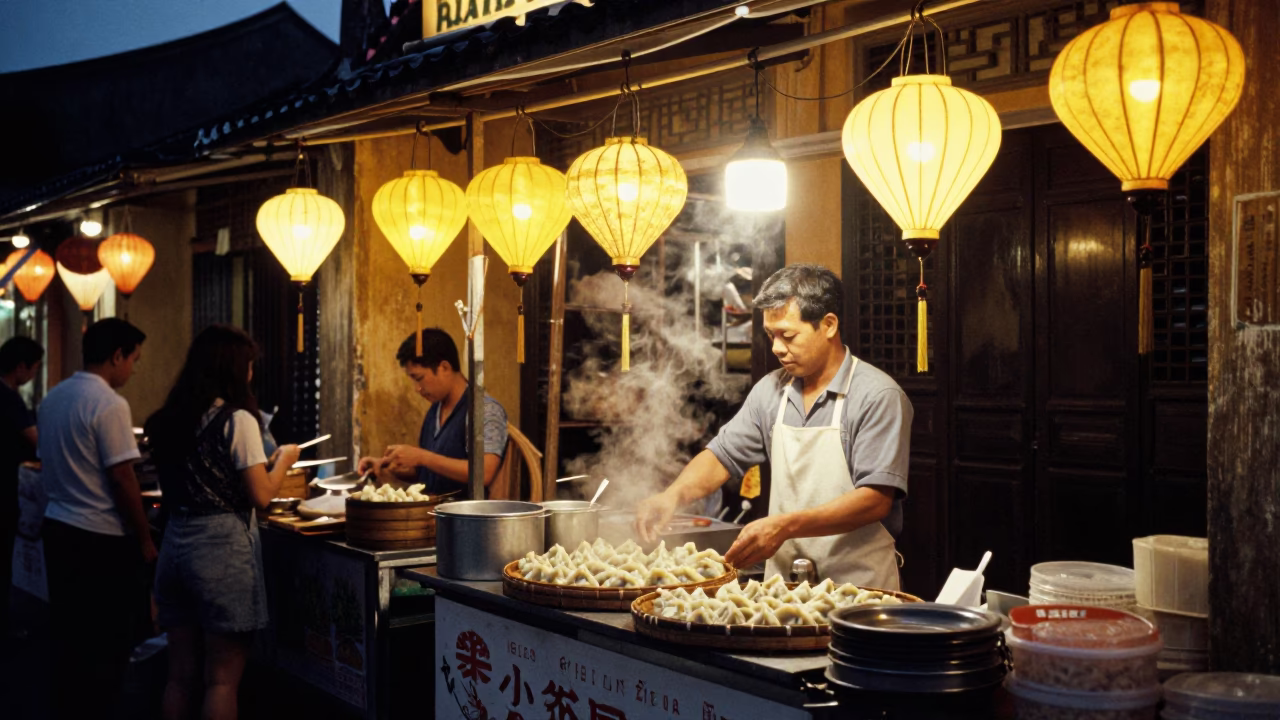 Midnight Hoi An Street Food Stall with Lanterns and Dumplings in in Hoi An, Vietnam