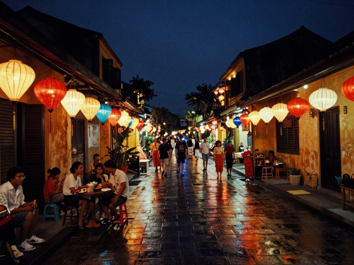 Midnight Hoi An Street Scene with Colorful Lanterns and Local Vendors in in Hoi An, Vietnam
