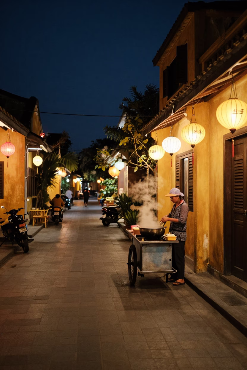 Midnight Hoi An Street Scene with Lanterns and Local Street Food Vendor in in Hoi An, Vietnam
