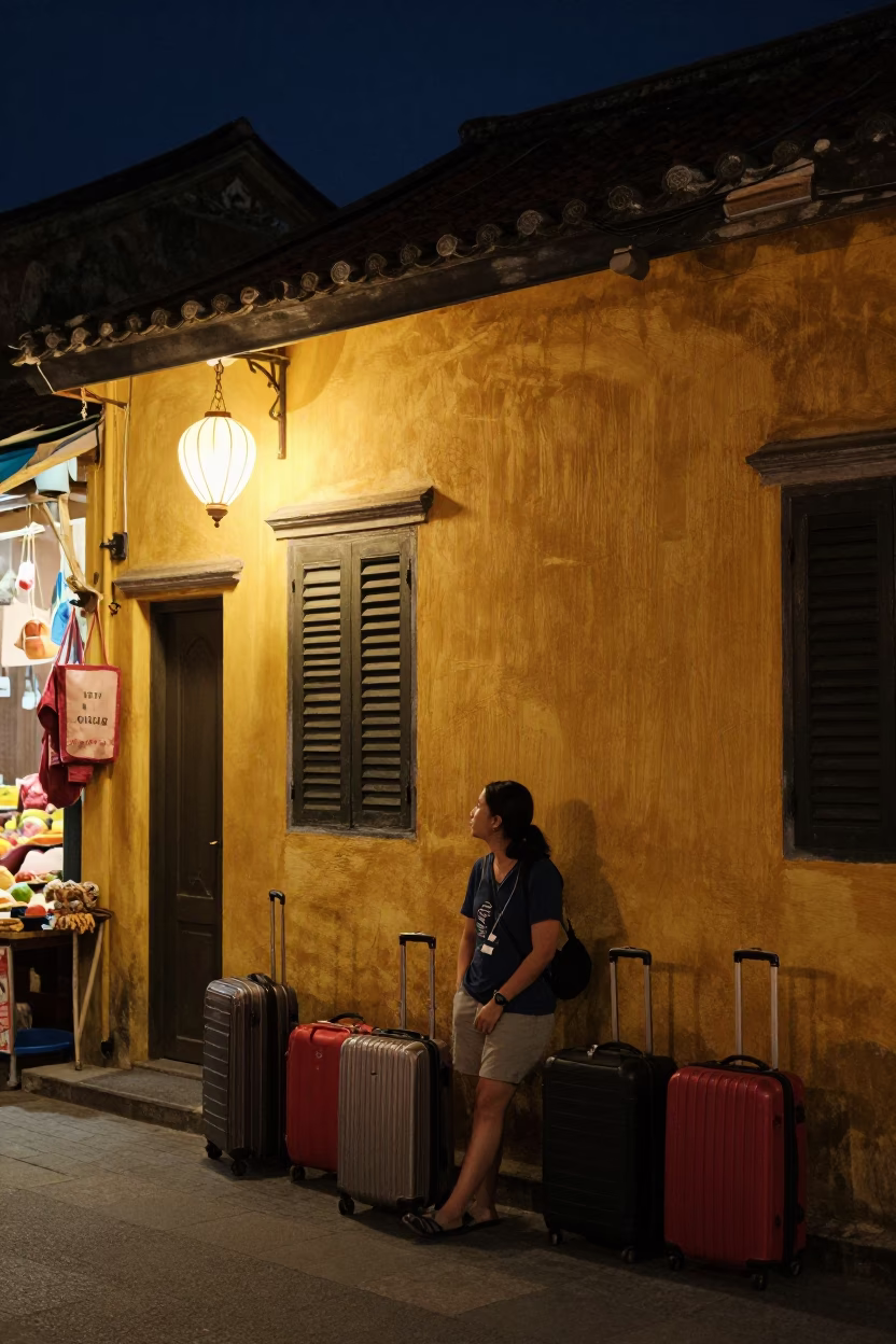 Midnight Hoi An Vietnam Street Scene with Luggage and Shop Details in in Hoi An, Vietnam