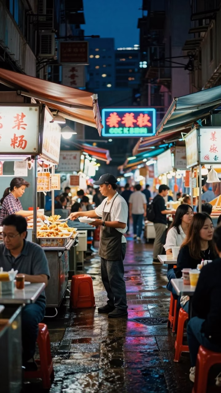 Midnight Hong Kong Street Food Stall Shopkeeper Serving Late Night Diners in Bustling Alley in in Hong Kong, Hong Kong