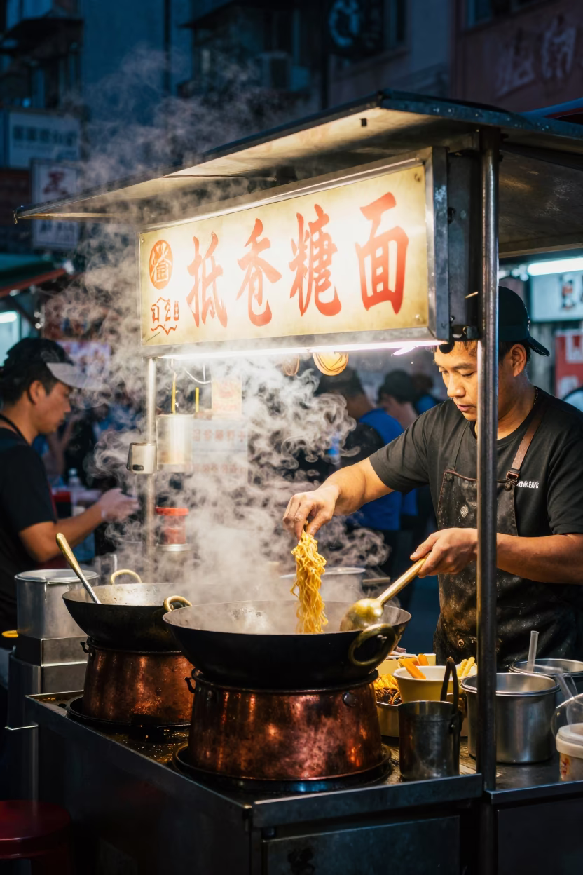 Midnight Hong Kong Street Food Stall with Copper Pots and Lantern Light in in Hong Kong, Hong Kong