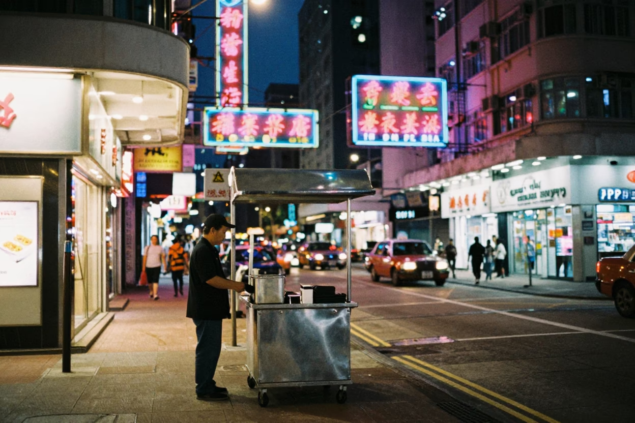 Midnight Hong Kong Street Scene with Colorful Neon Signs and Local Street Food Vendor in in Hong Kong, Hong Kong