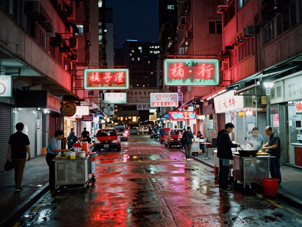 Midnight Hong Kong Street Scene with Neon Reflections and Local Vendors in in Hong Kong, Hong Kong