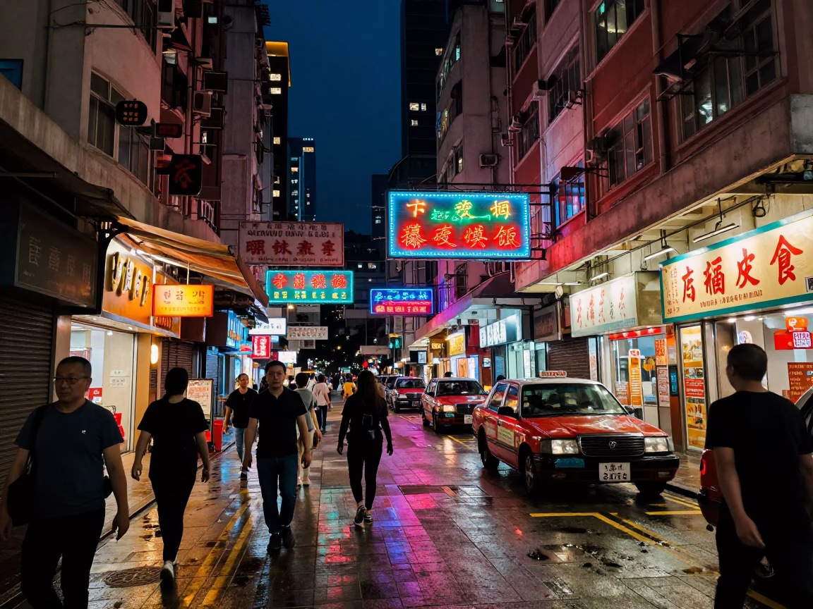 Midnight Hong Kong Street Scene with Neon Signs and Busy Traffic in in Hong Kong, Hong Kong