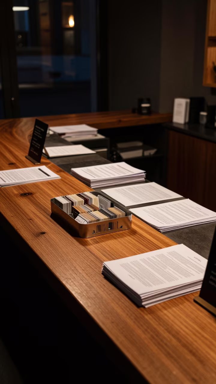 Midnight Hotel Keycard Tray at Berlin Reception in at a reception desk under warm light in Schoneberg, Berlin