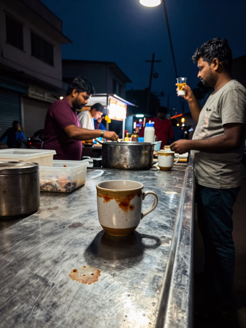 Midnight Hyderabad Street Food Scene with Tea Stains and Grease Sheen on Sill in in Hyderabad, India