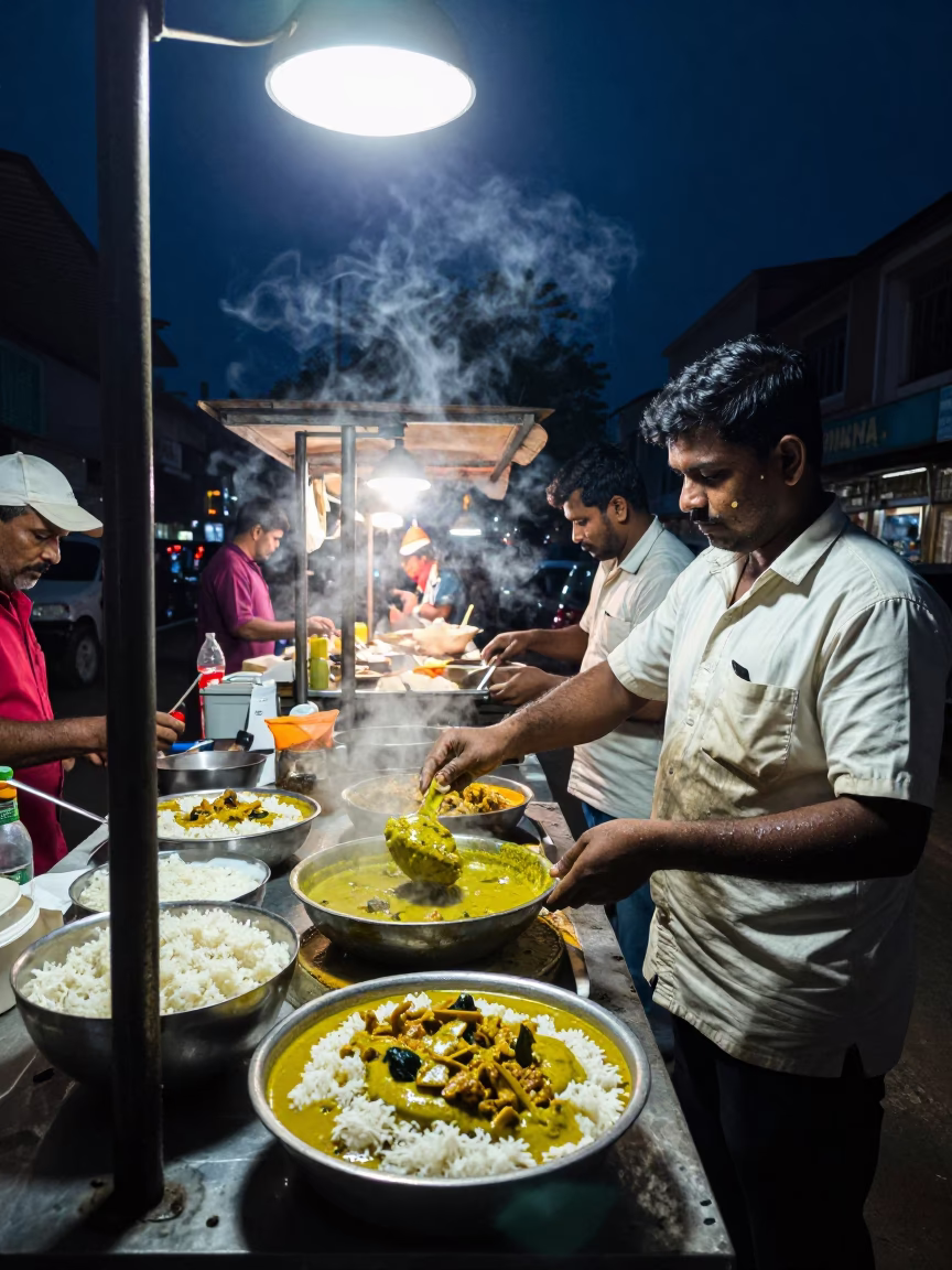 Midnight Hyderabad Street Food Stall with Water Rings on Tile and Green Curry in in Hyderabad, India