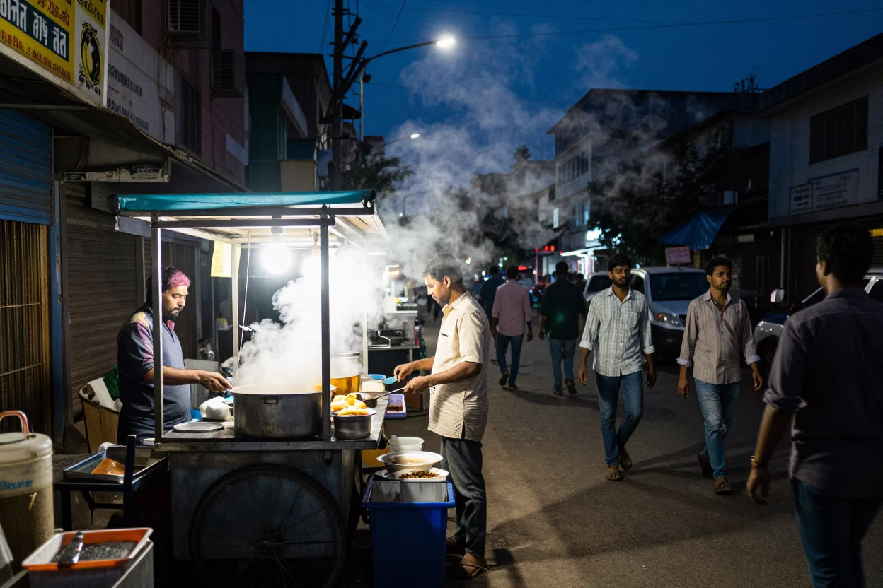 Midnight Hyderabad Street Scene with Food Stall and Commuter Train Background in in Hyderabad, India