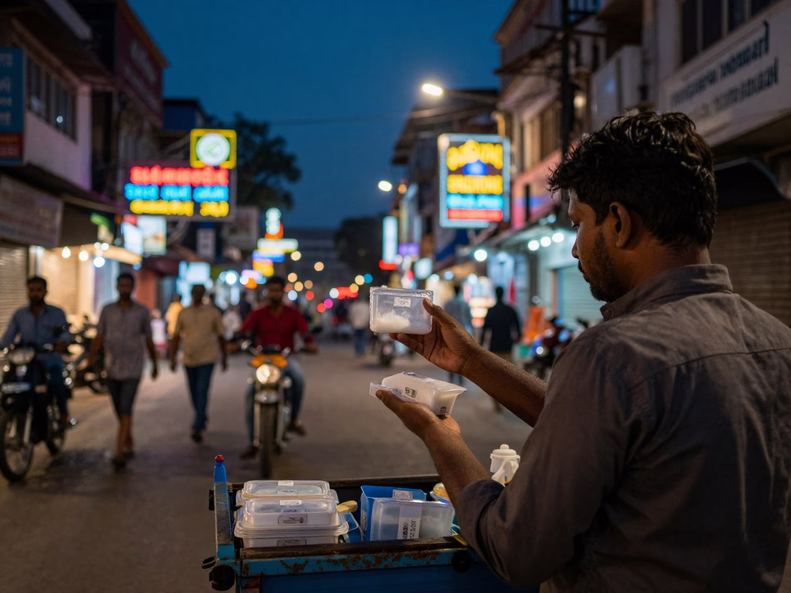 Midnight Hyderabad street scene with neon lights and local vendors in in Hyderabad, India