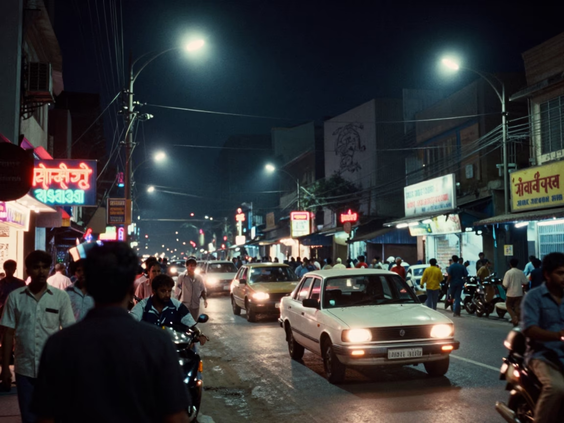 Midnight Hyderabad Street Scene with Neon Lights and Urban Activity in in Hyderabad, India