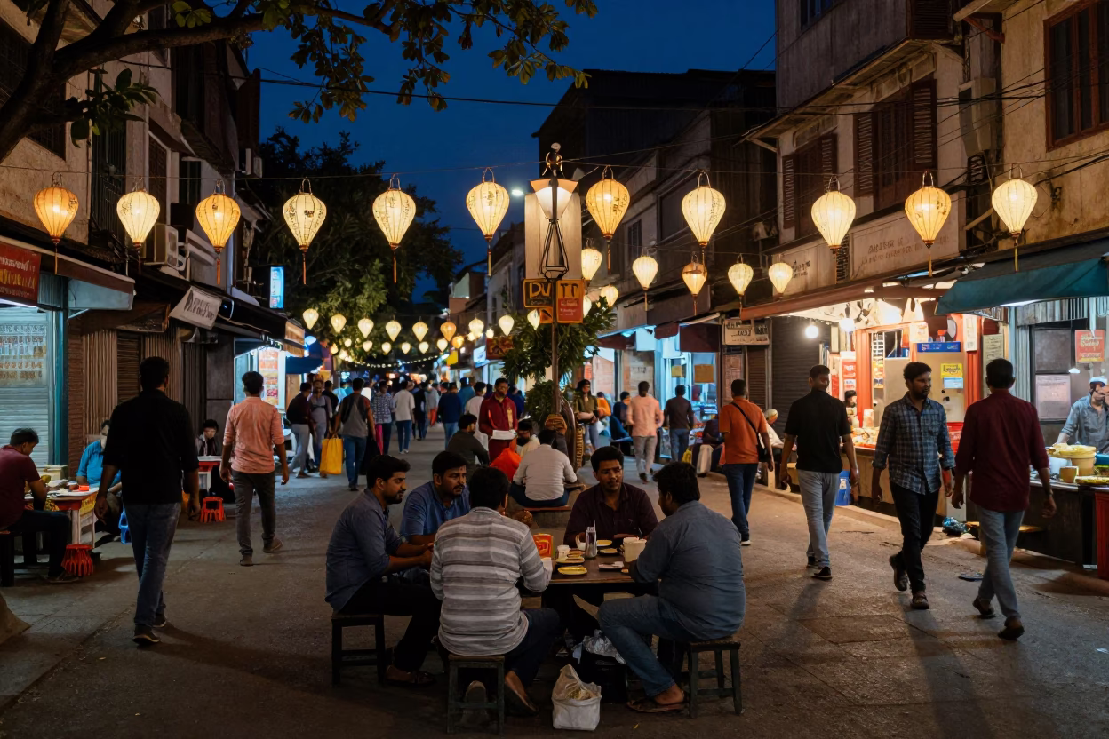 Midnight Hyderabad Street Scene with Paper Lanterns and Local Nightlife in in Hyderabad, India