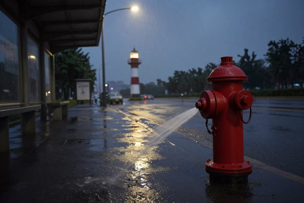 Midnight Hydrant Leak at Yulin Tram Stop in at a tram stop in Yulin, Chengdu