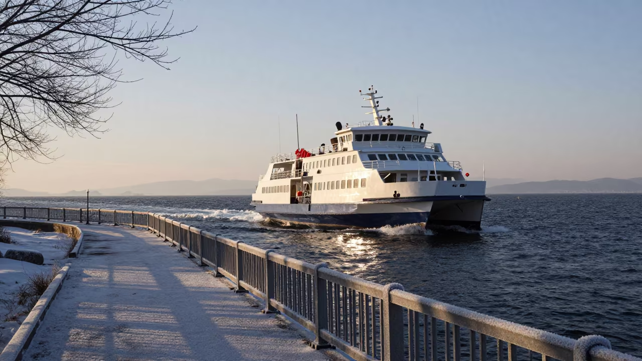 Midnight Hydrofoil Ferry Rising Over Winter Bay in on a wind-open causeway near Çorum