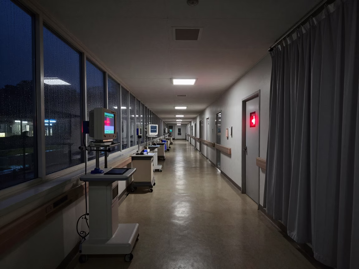 Midnight ICU Handoff Corridor in Queretaro in inside a hospital corridor in Queretaro