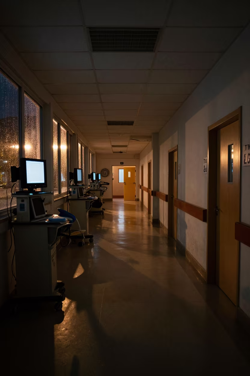 Midnight ICU Handoff Zagazig Corridor Rain in inside an imaging suite in Zagazig