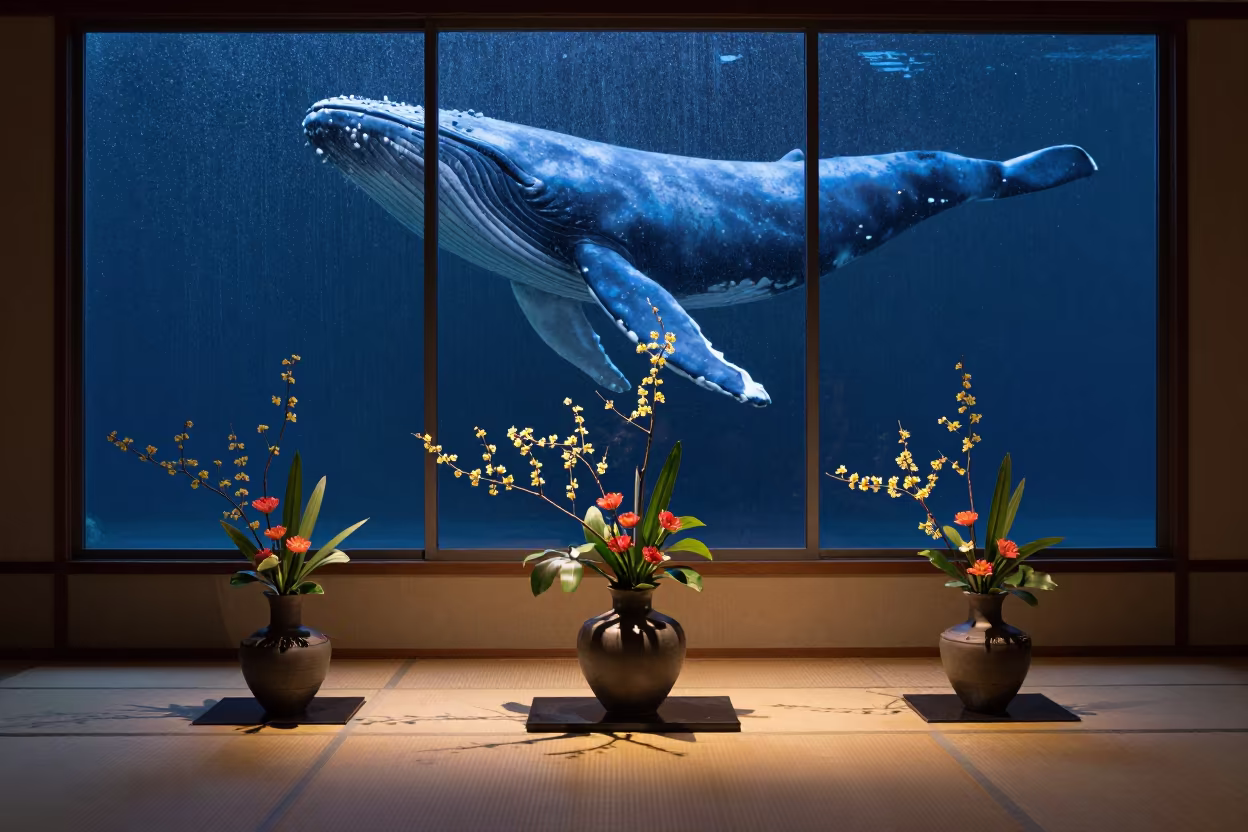 Midnight Ikebana Whale Shadow Dotonbori in in a ceremonial hall near Dotonbori, Osaka