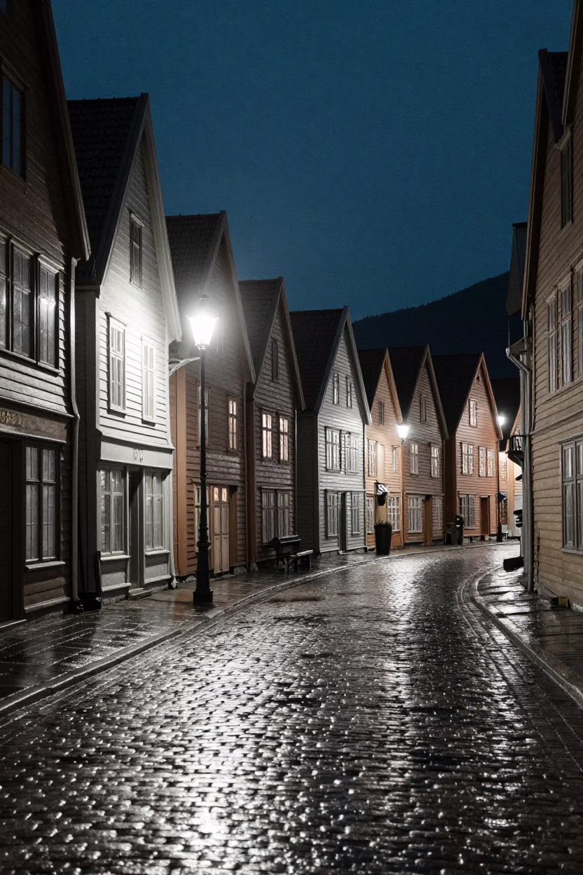 Midnight in Bergen Norway cobblestone street scene with vintage 1950s aesthetics and local details in in Bergen, Norway