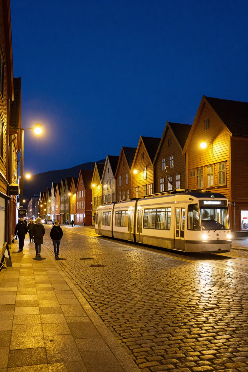 Midnight in Bergen Norway Colorful Cobblestone Street Scene with Tram and Vintage Details in in Bergen, Norway