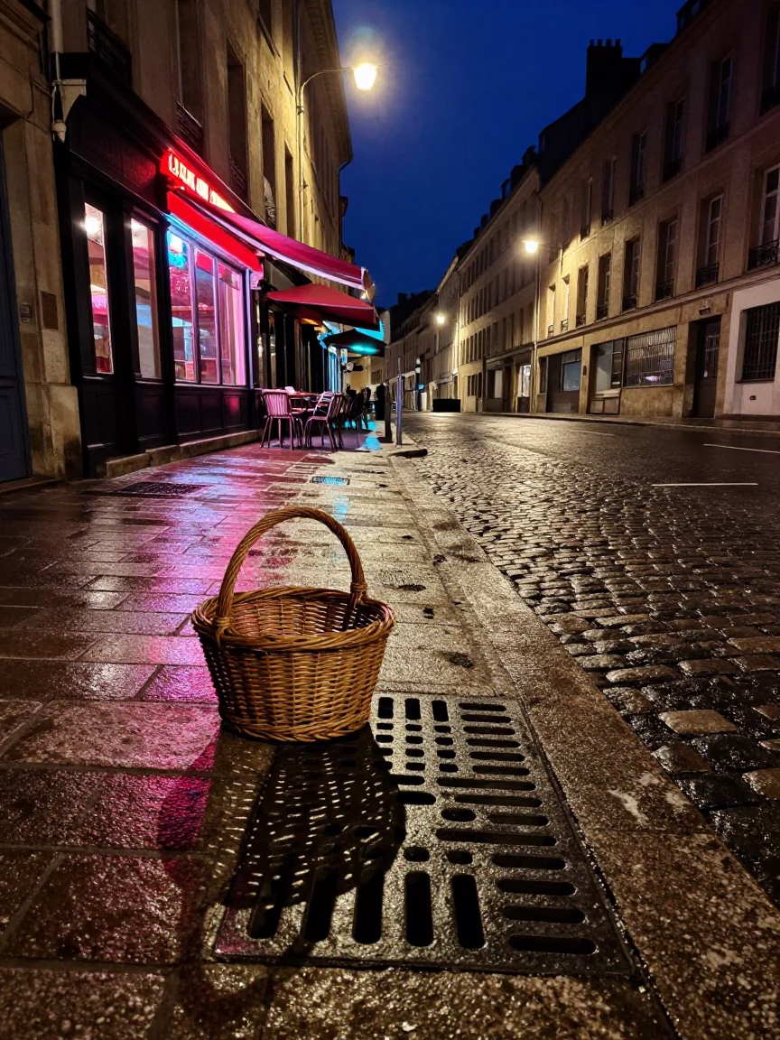 Midnight in Lyon France Wicker Shadow on Drain High Fashion 1980s Aesthetic in in Lyon, France