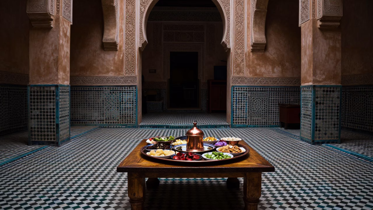 Midnight Interior of Traditional Fez Riad Courtyard with Copper Mezze and Kettle in in Fez, Morocco