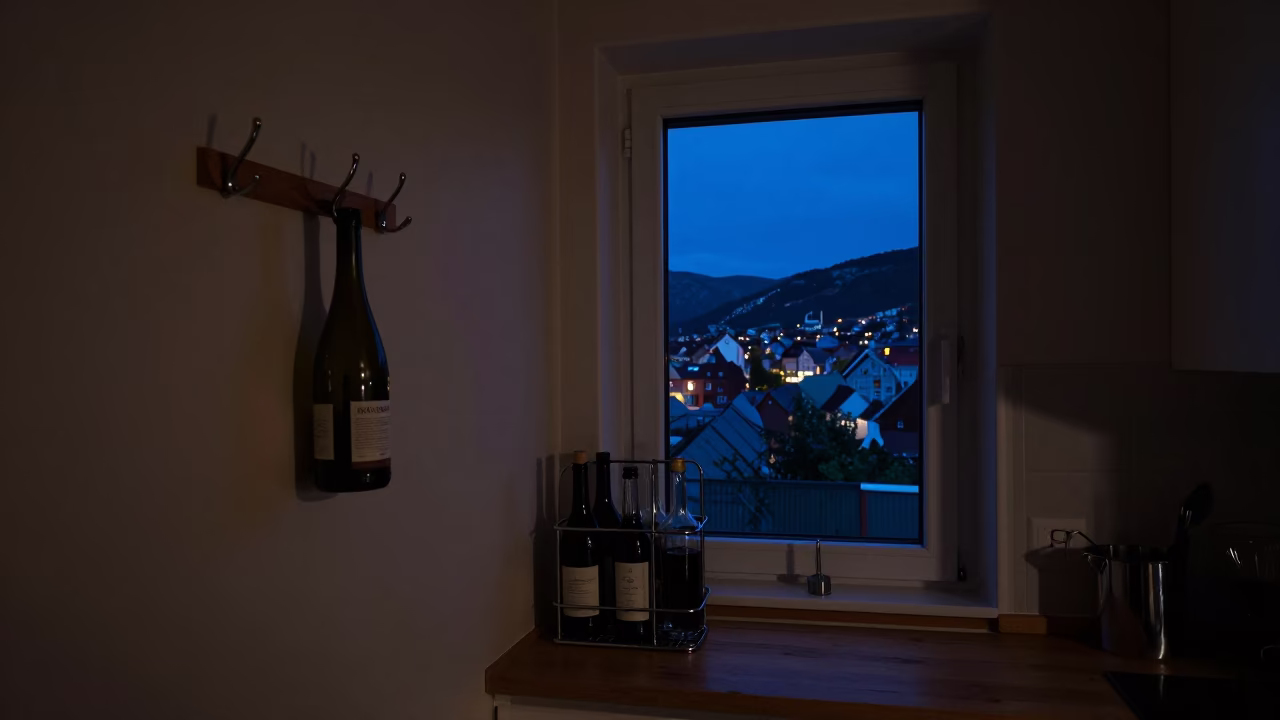Midnight Interior Scene in Bergen Norway with Wall Hook and Bottle Caddy in in Bergen, Norway