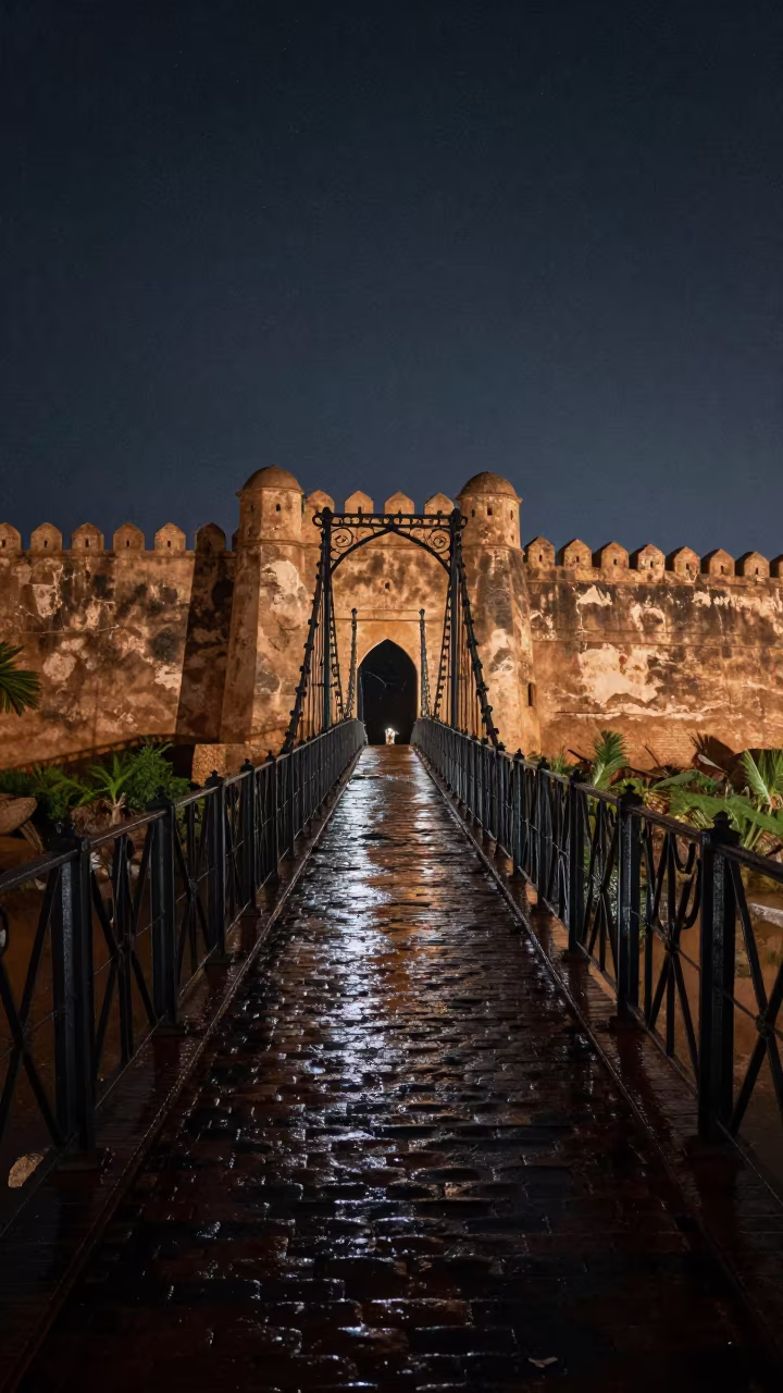 Midnight Iron Bridge Beyond Senegal Fortress Wall in outside a wind-scoured fortress wall in Senegal